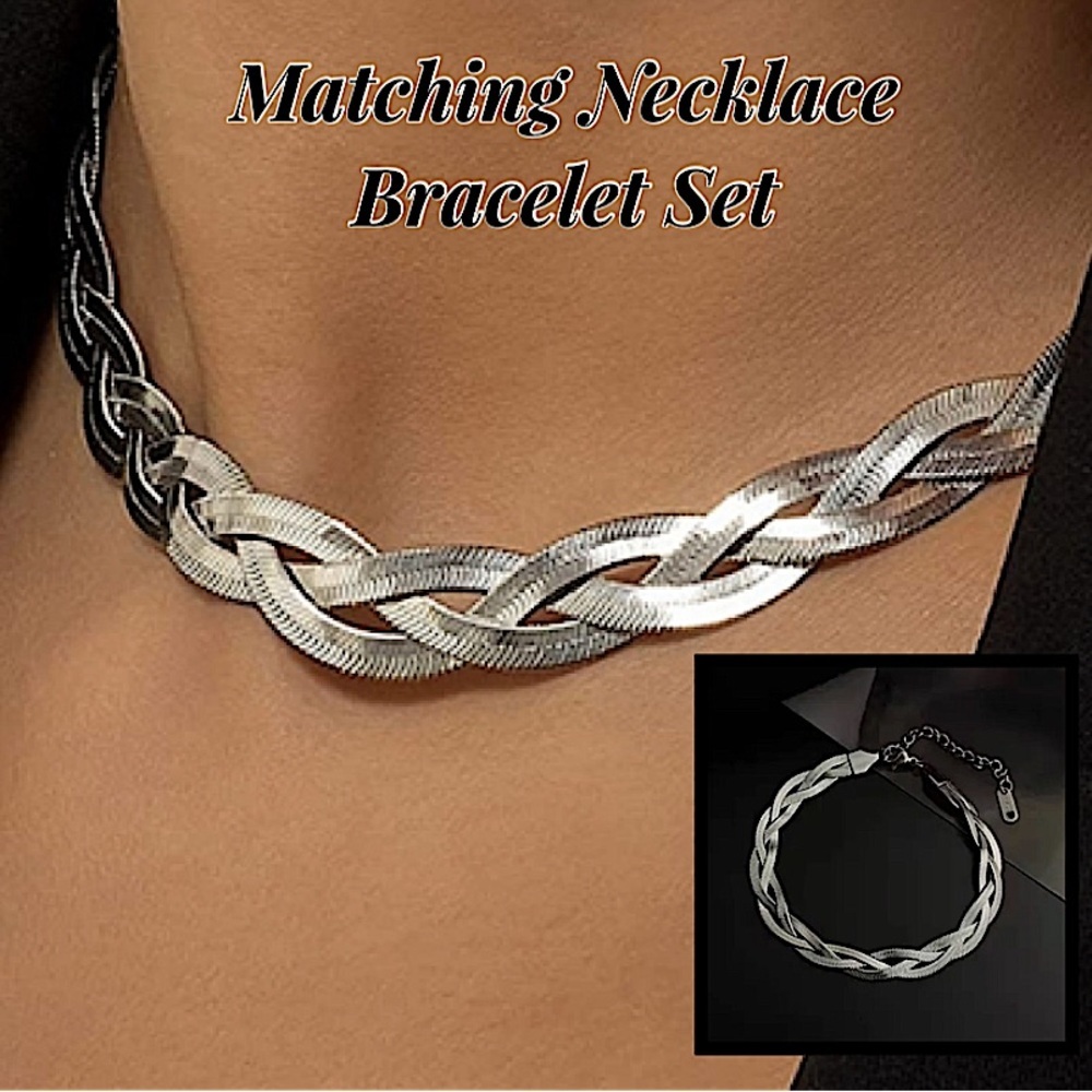 Braided Sterling Silver Herringbone Flat Choker Necklace Matching Bracelet Set